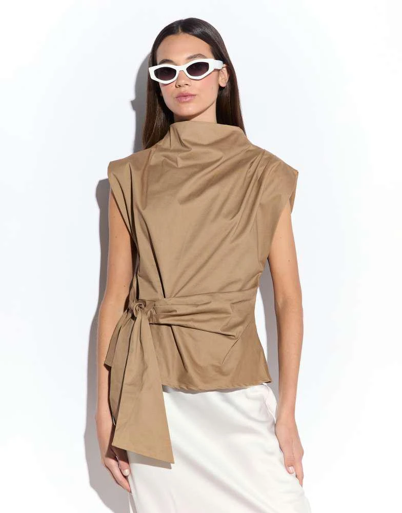 Narrated Narrated Belted tie waist top in tan