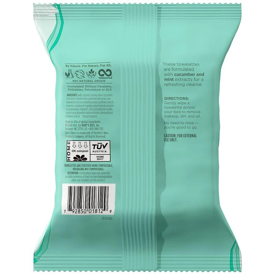 Burt's Bees Refreshing Cucumber + Mint, 2-in-1 Pre-Moistened Towelettes Cucumber and Mint 7