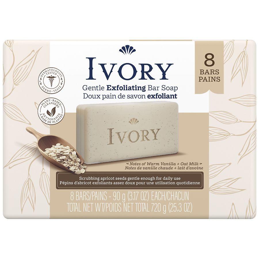 Ivory Gentle Exfoliating Bar Soap Notes of Warm Vanilla + Oat Milk, 8 count