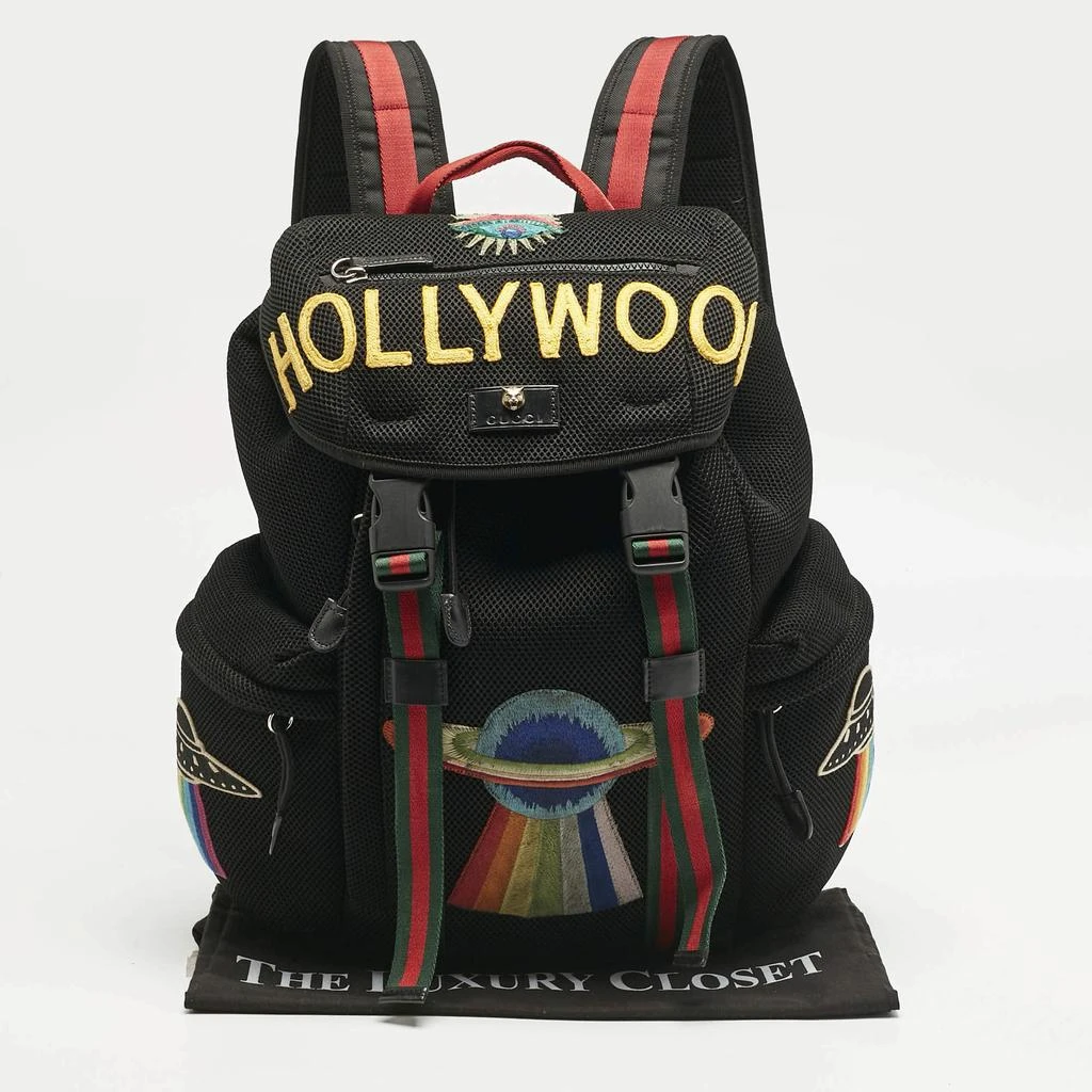Shop Gucci Black Mesh Fabric Hollywood Embroidered Backpack  display picture 3
