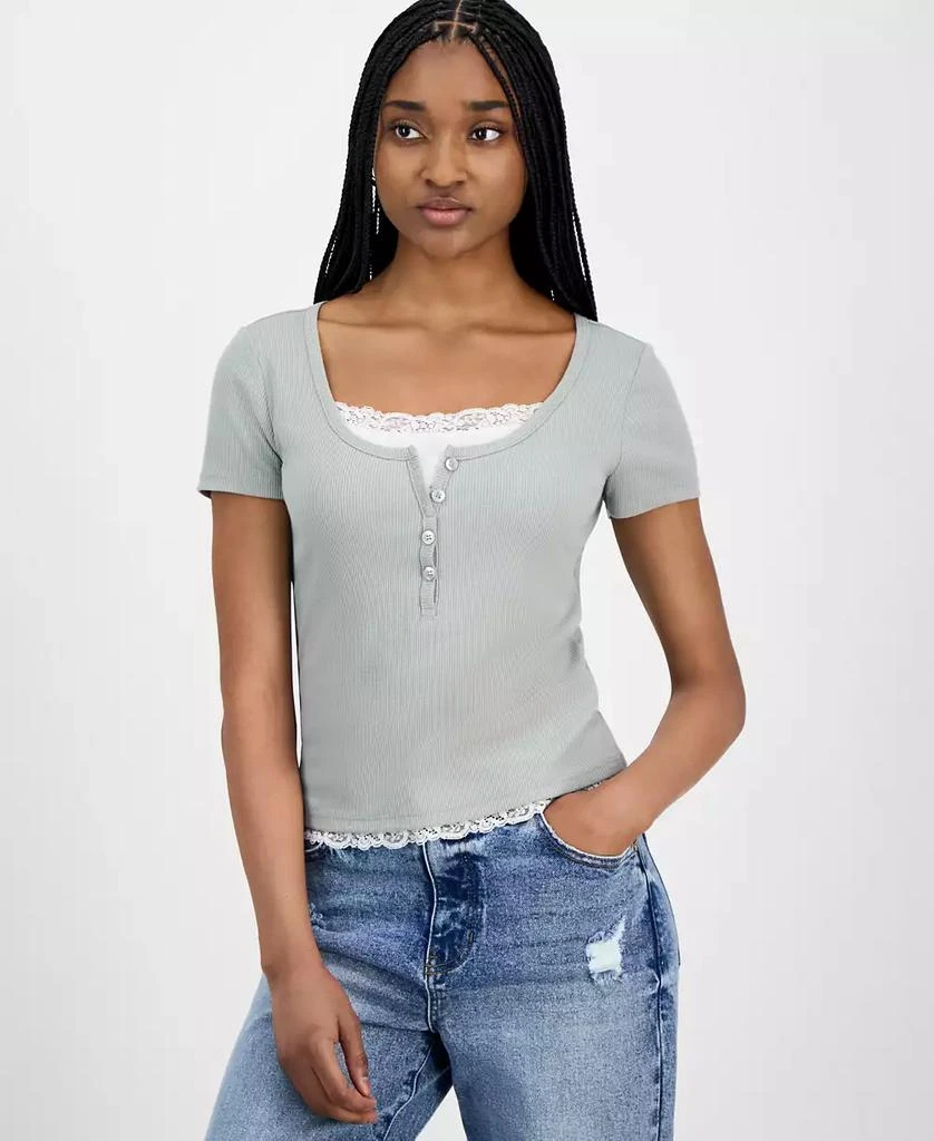 Hippie Rose Juniors' Lace-Trim Layered Henley T-Shirt 1