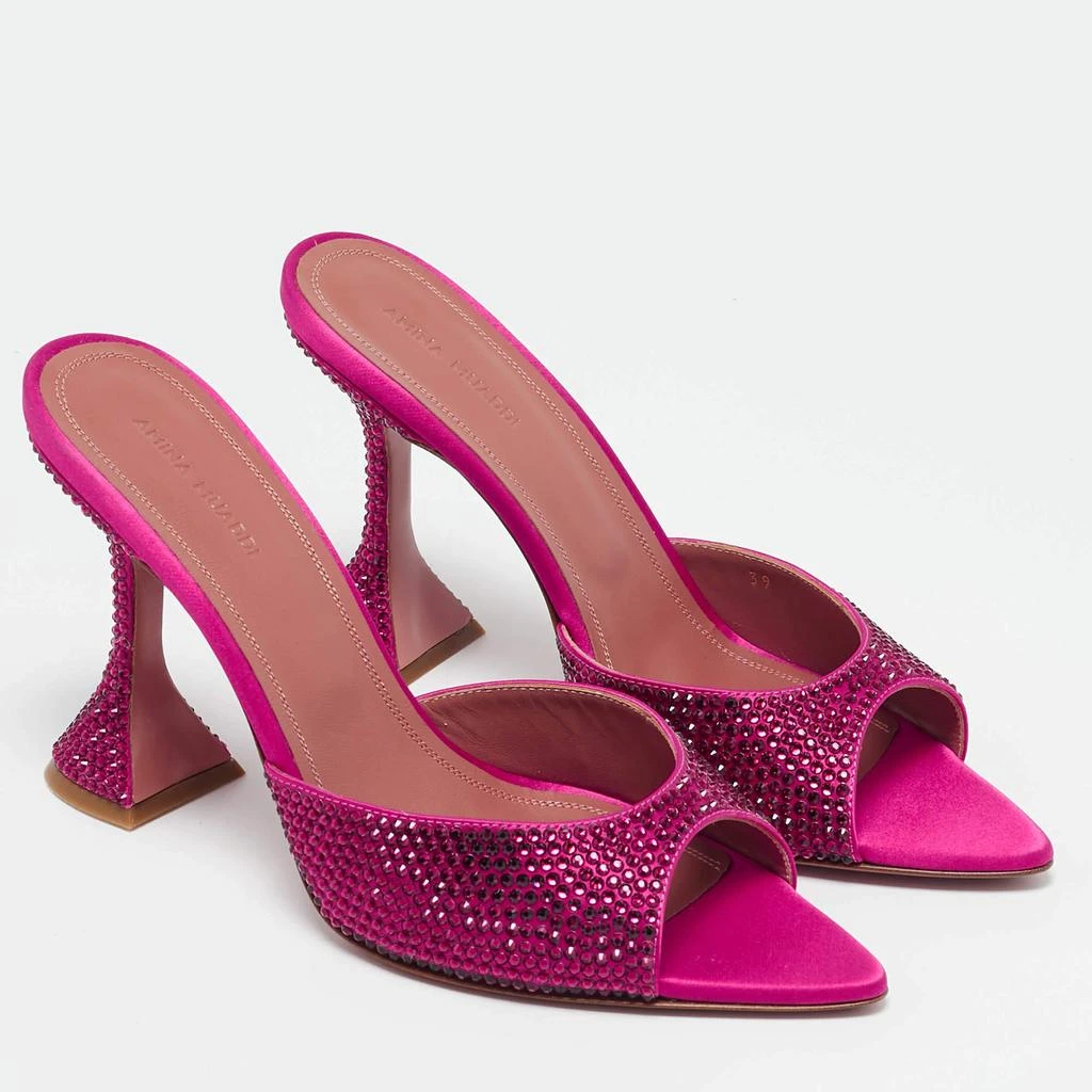 Shop Amina Muaddi Pink Satin Crystal Embellished Caroline Slide