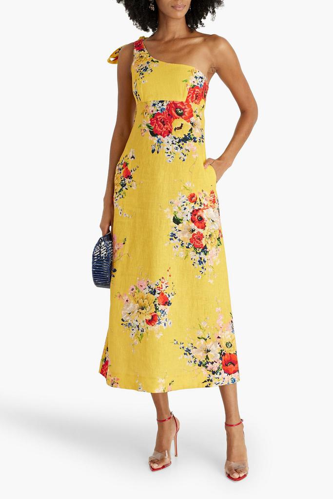 【Zimmermann】One-shoulder floral linen midi dress Zimmermann One-shoulder floral-print linen midi dress