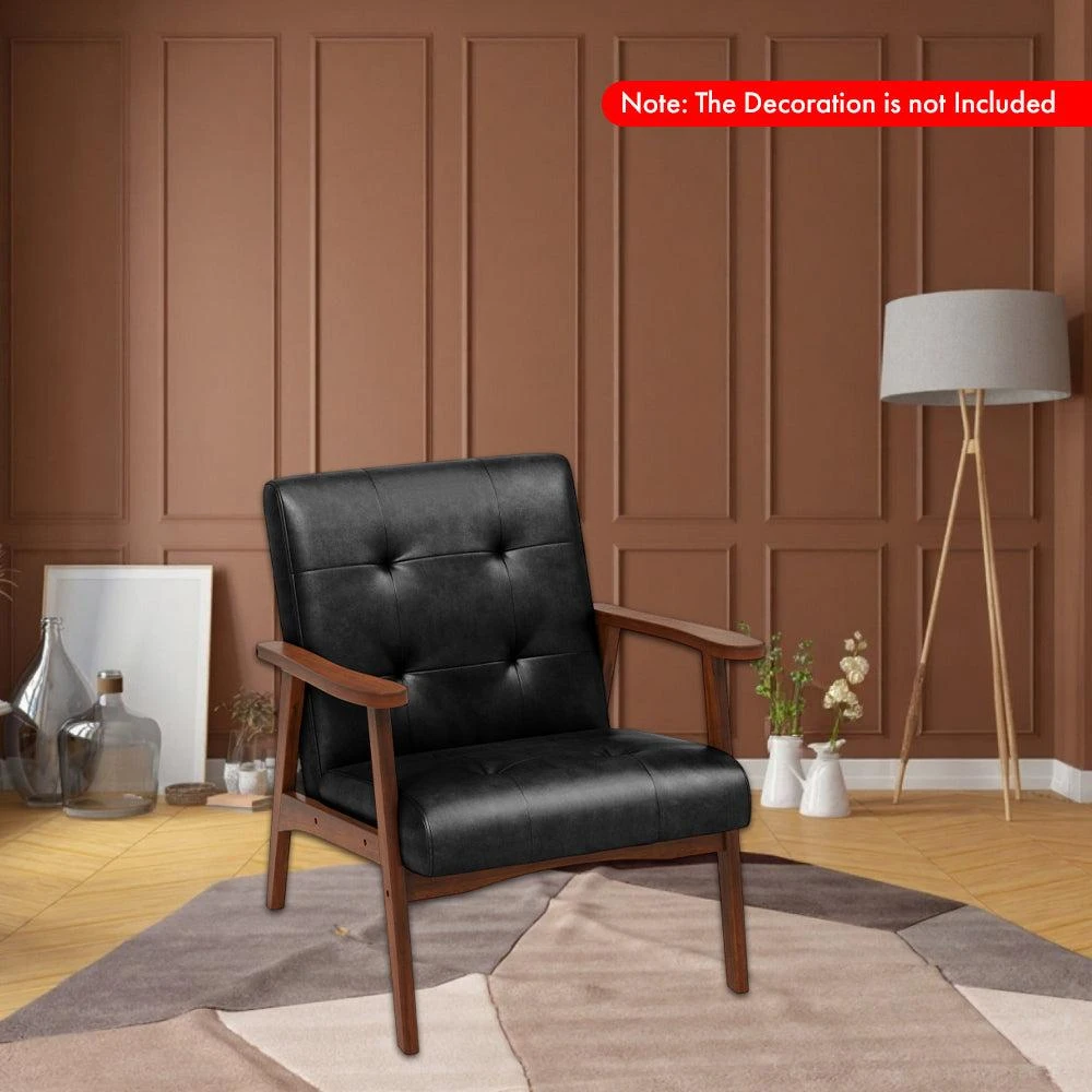 Hivvago Mid-Century Leather Upholstered Accent Chair with Solid Rubber Wood Frame 2