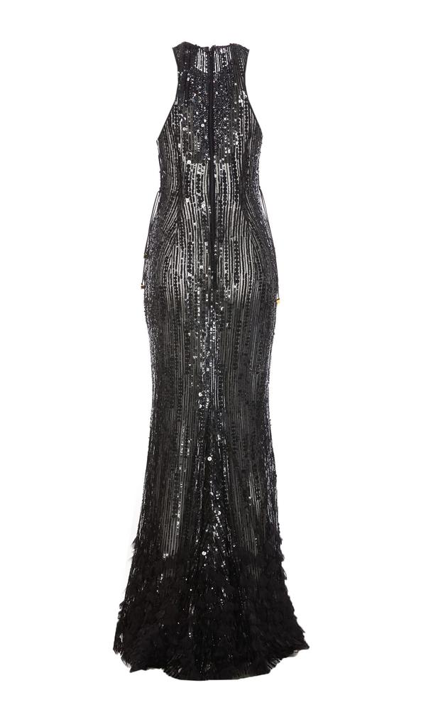 ELISABETTA FRANCHI Embroidered Red Carpet Dress With Organza Fringing