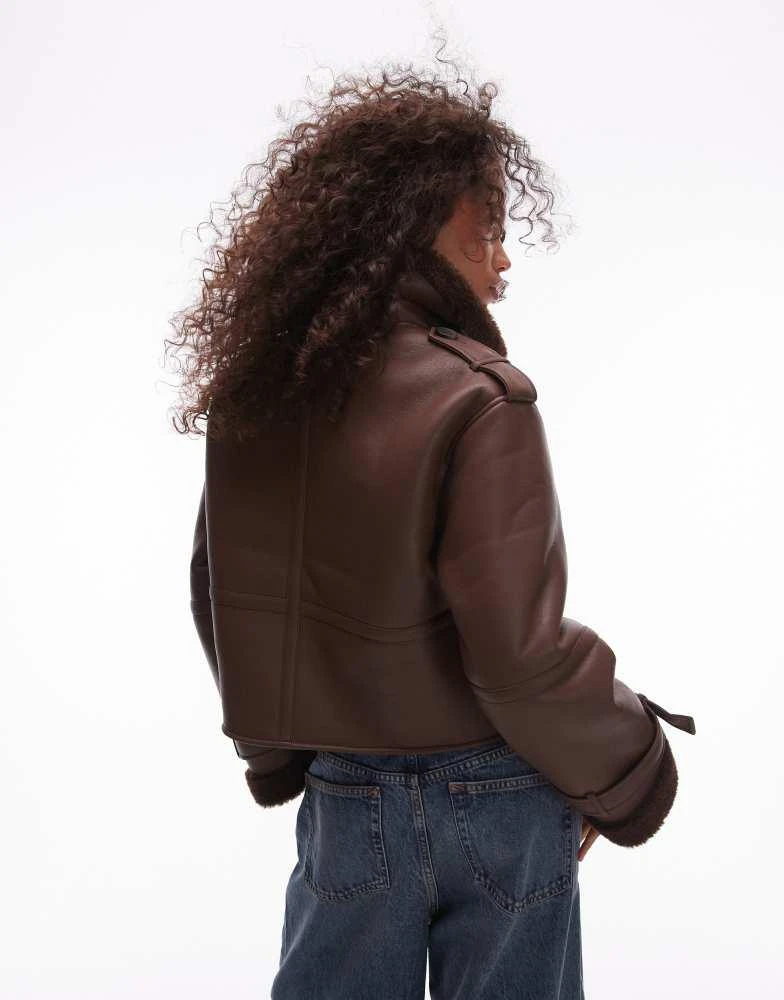 Topshop Topshop faux leather borg shearling cropped aviator jacket in choc 4