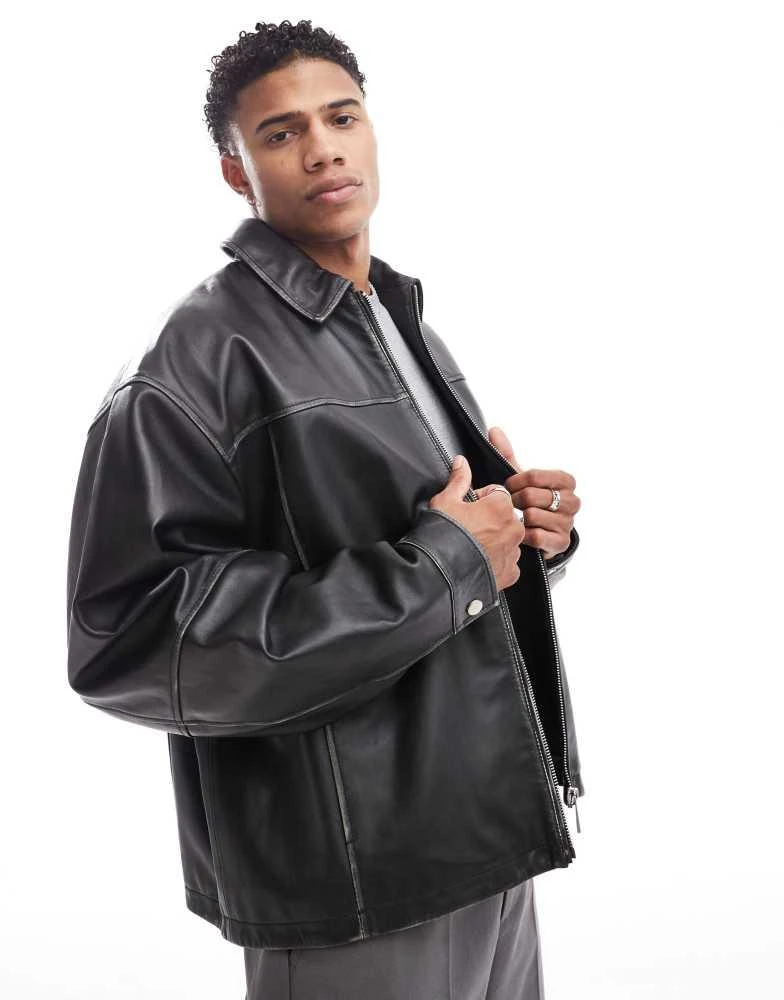 ASOS DESIGN Premium real leather oversized harrington jacket in