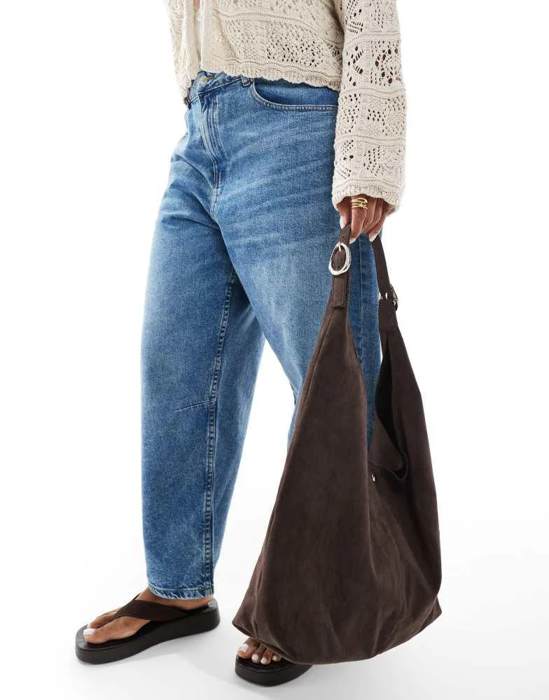Glamorous Glamorous large faux suede tote bag with buckle strap in dark brown 2