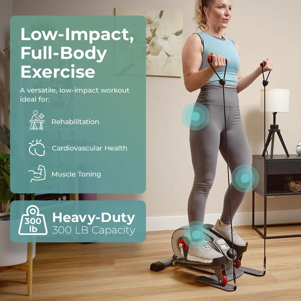 Sunny Health & Fitness Smart Stand/Sit Mini Elliptical Exercise Trainer with Resistance Bands 2