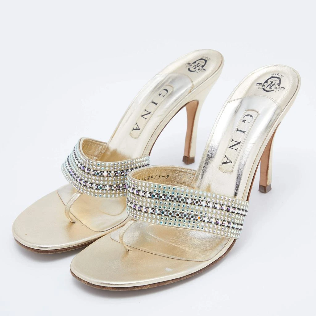 Gina Gina Gold Leather Crystal Embellished Slide Sandals Size 41 2