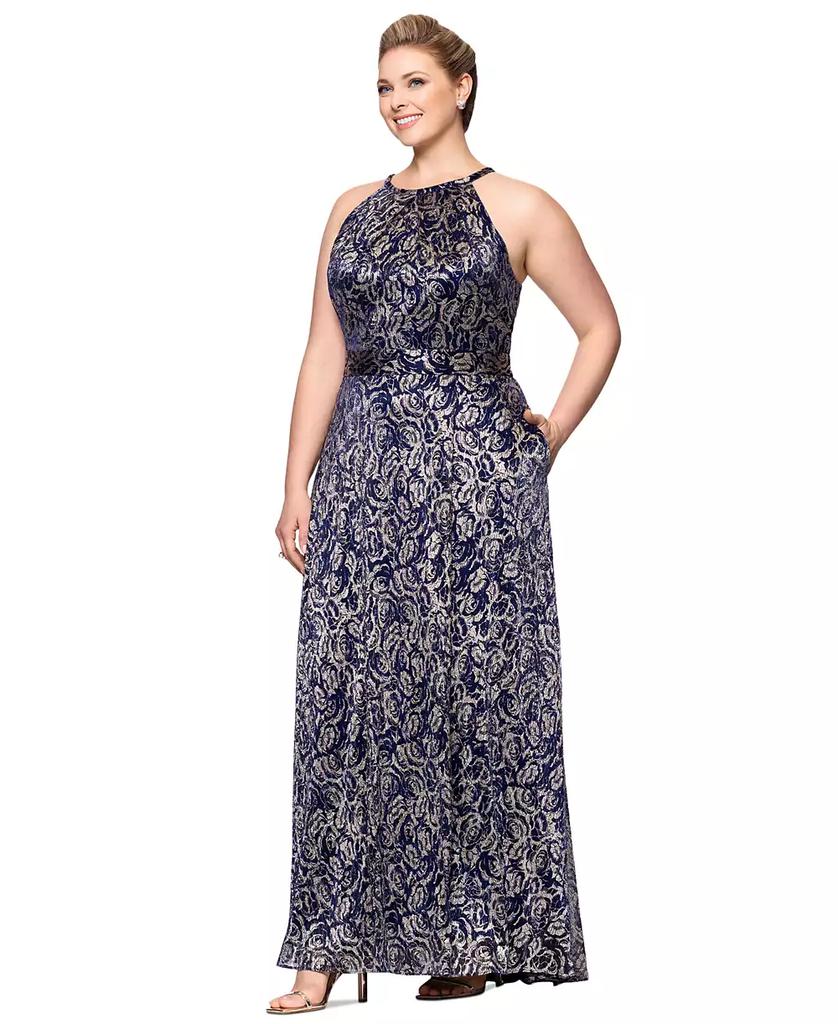 Betsy & Adam Plus Size Metallic Floral Print Sleeveless Gown