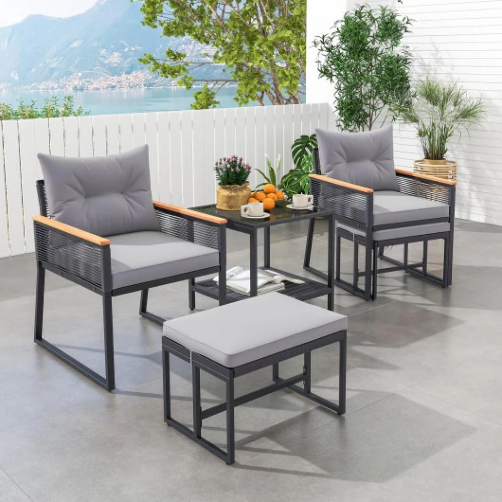 Hivvago 5 Piece Outdoor Rattan Conversation Set with 2-Layer Side Table and 2 Ottomans-Gray