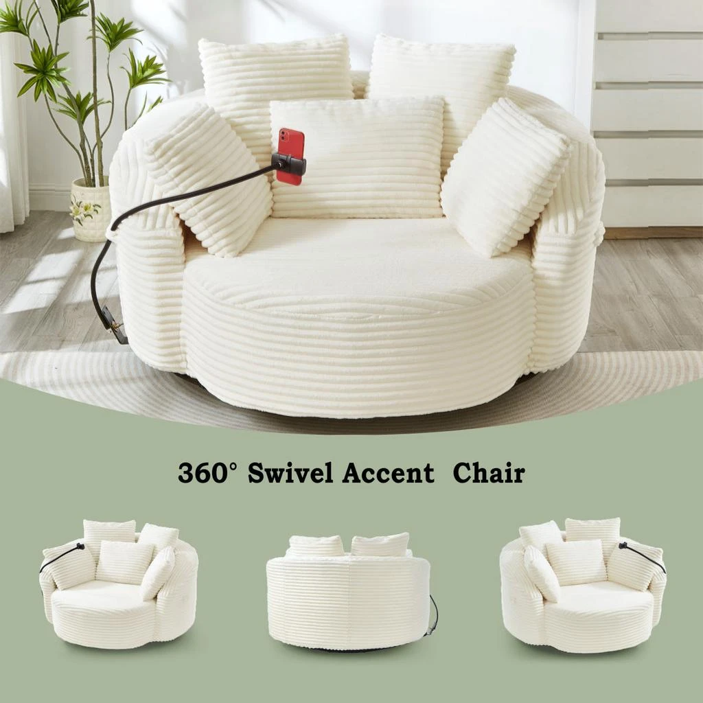 Streamdale Furniture Streamdale Beige Corduroy 360° Swivel Accent Barrel Chair with 5 Pillows 
Phone Holder 4