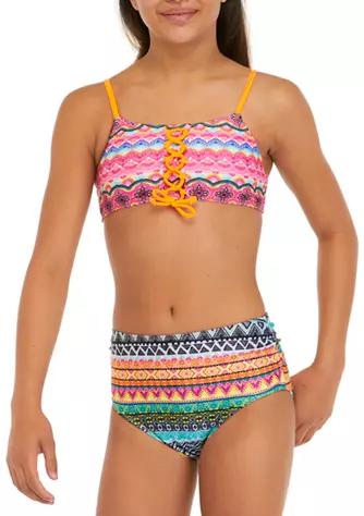 Breaking Waves Waves Girls 7 16 Lace Up High Waist 2 Piece Bikini Swim Set