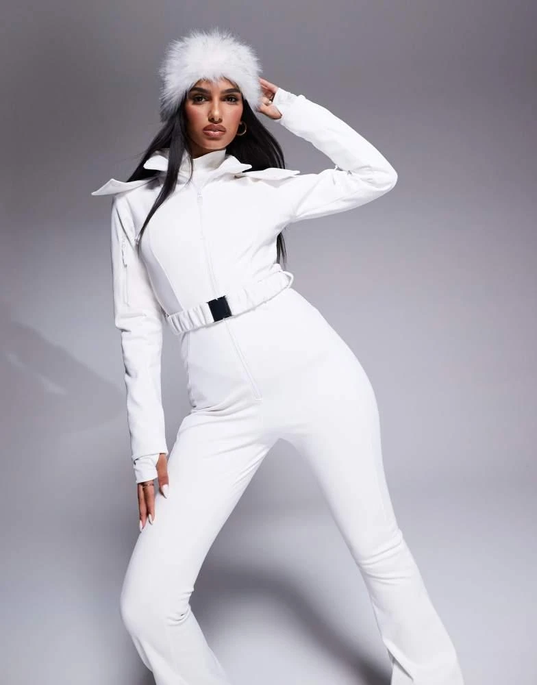 ASOS 4505 Ski belted ski suit with slim kick leg and faux fur hood in white 1