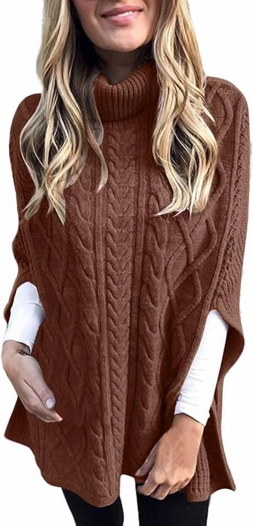 Ninexis Ninexis - Pullover Poncho Cable Knit Turtleneck Sweater