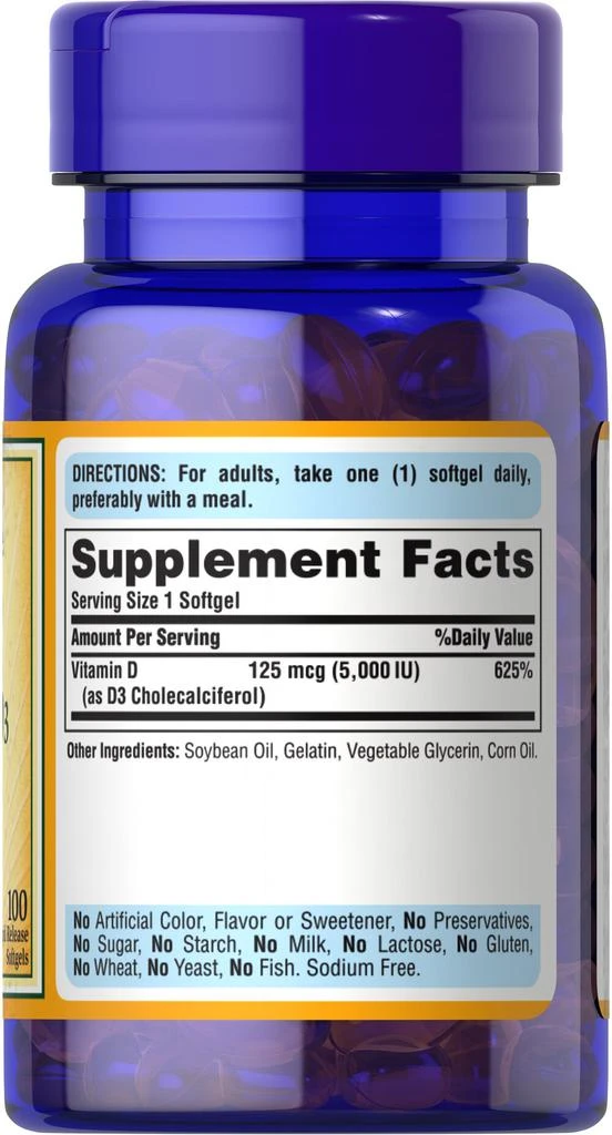 Puritan's Pride Vitamin D3 125 mcg (5000 IU) 100 Softgels 6