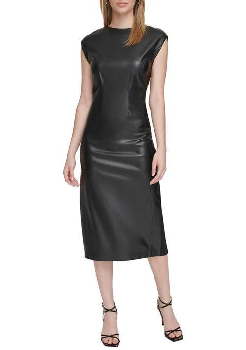 Calvin Klein Klein Womens Essentials Faux Leather Sheath Dress 1