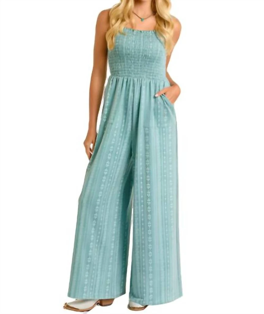 Rock & Roll Cowgirl Smocked Jumpsuit In Jade 1