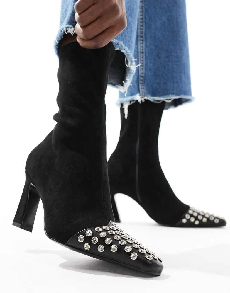 ASOS ASOS DESIGN Rosie mid-heel sock boot in black with studded toe-cap 1