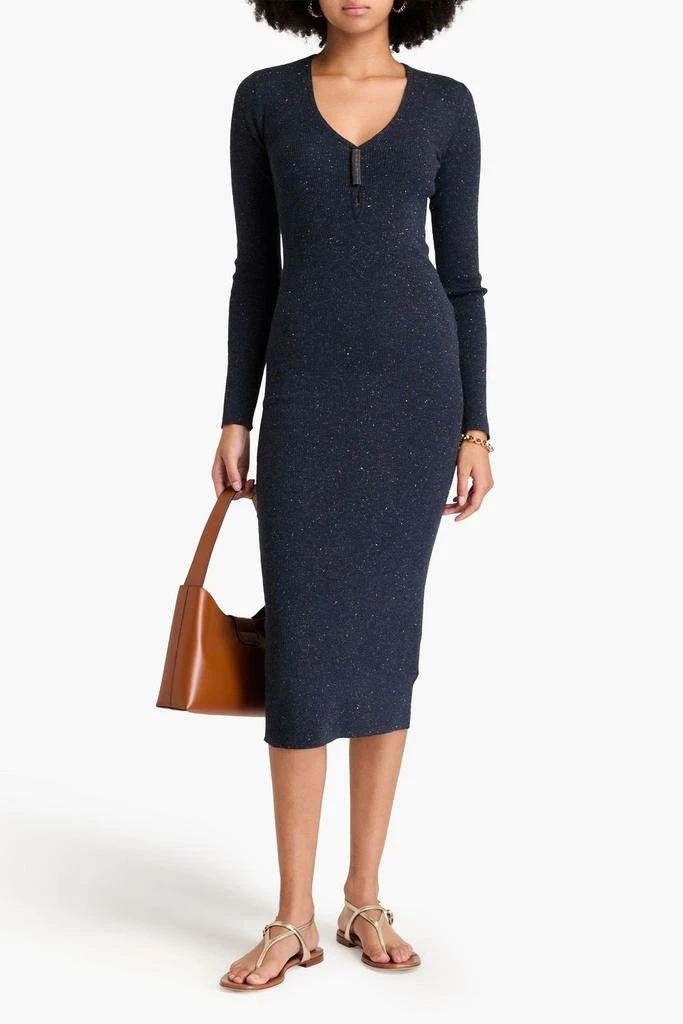 Brunello Cucinelli Bead-embellished metallic ribbed-knit midi dress 2