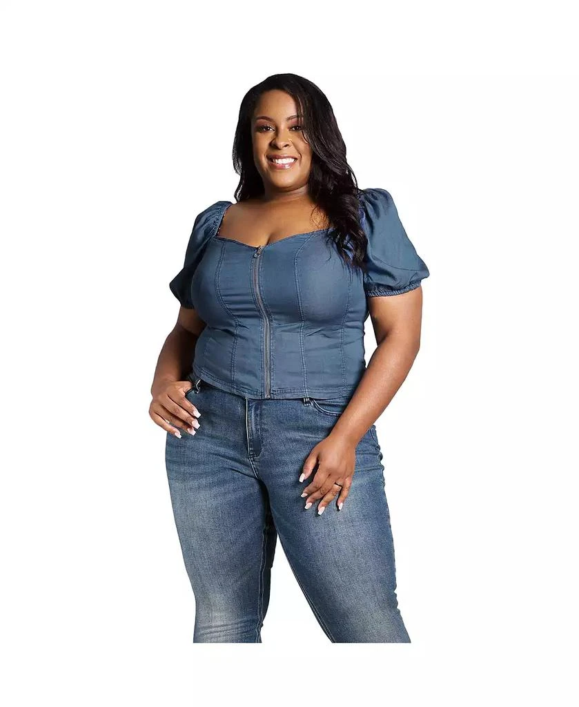 Poetic Justice Plus Size Zip Front Puff Sleeves Tencel Corset Top
