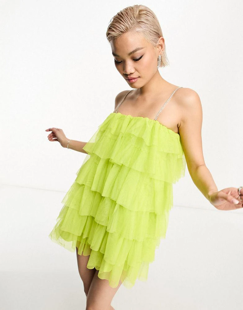 Extro & Vert Extro & Vert mini cami dress in tiered chartreuse tulle 1