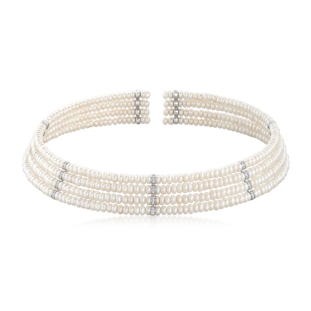 Ross-Simons Ross-Simons Multi-Row 4.5-5mm Cultured Pearl and . Diamond Choker Necklace With Sterling Silver