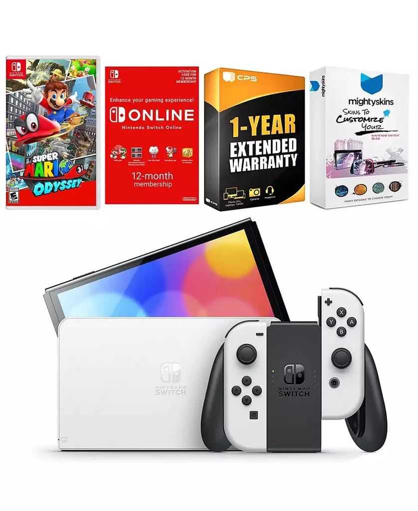 Nintendo Switch White OLED Console with Super Mario Odyssey, NSO 12 Month Family Membership, MightySkins Console and Controller Skin Voucher, and 1 Ye