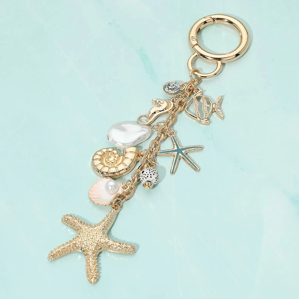 FASHNZFAB Pearl Shell Starfish Sea Life Charm Embellished Keychain Bag Charm
