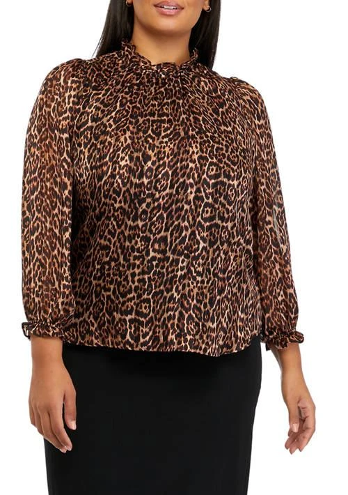 Anne Klein Klein Plus Size Long Sleeve Ruffle Neck Blouse 1