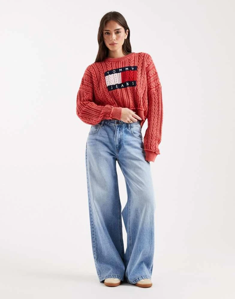 Tommy Hilfiger Tommy Jeans flag logo cable knit sweater in red 4