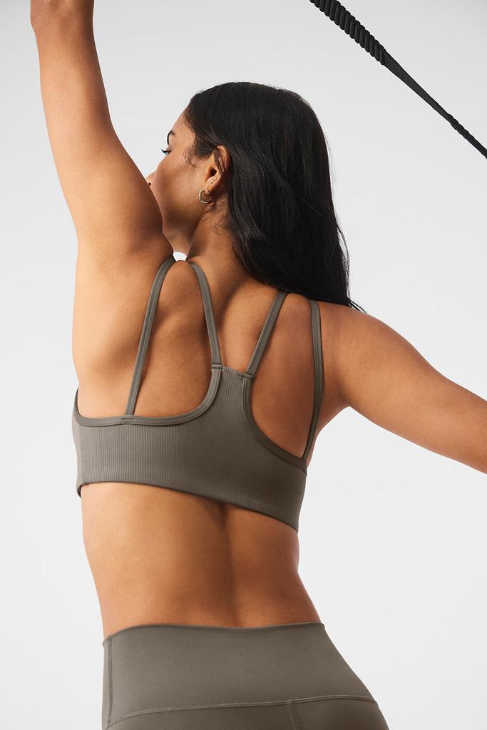 Alo Airlift Ribbed Jump Start V-Neck Bra - Olive Tree - Lingerie