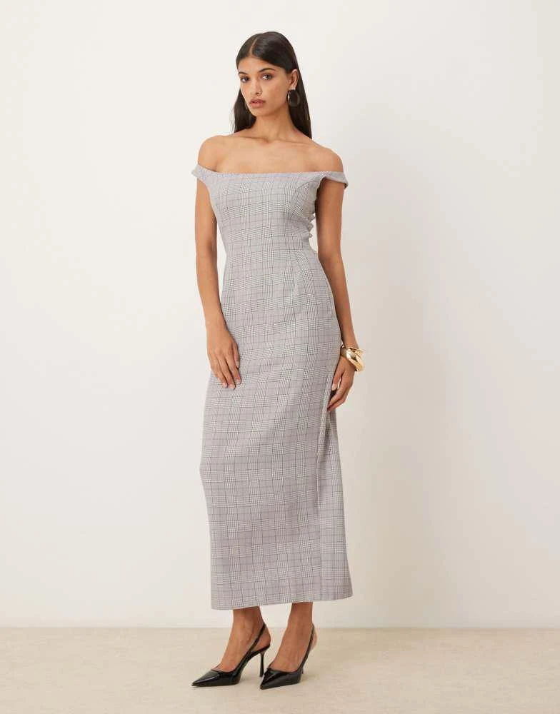 ASOS ASOS DESIGN off shoulder tailored pencil midi dress in stone check