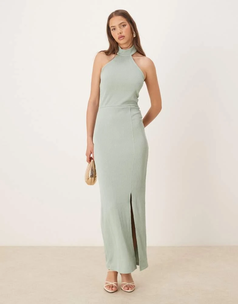 VILA textured jersey halter maxi dress in dusty green