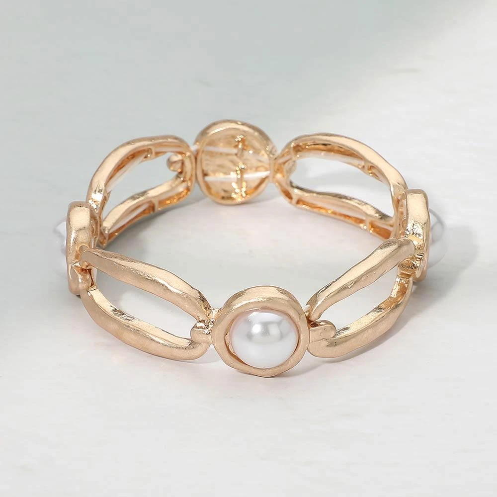 FASHNZFAB Pearl Accent Hammered Brushed Metal Link Chain Beaded Stretch Bracelet
