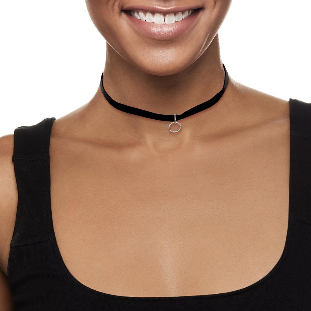 Ross-Simons Ross-Simons Diamond Open-Circle Choker Necklace With Black Velvet Cord in Sterling Silver
