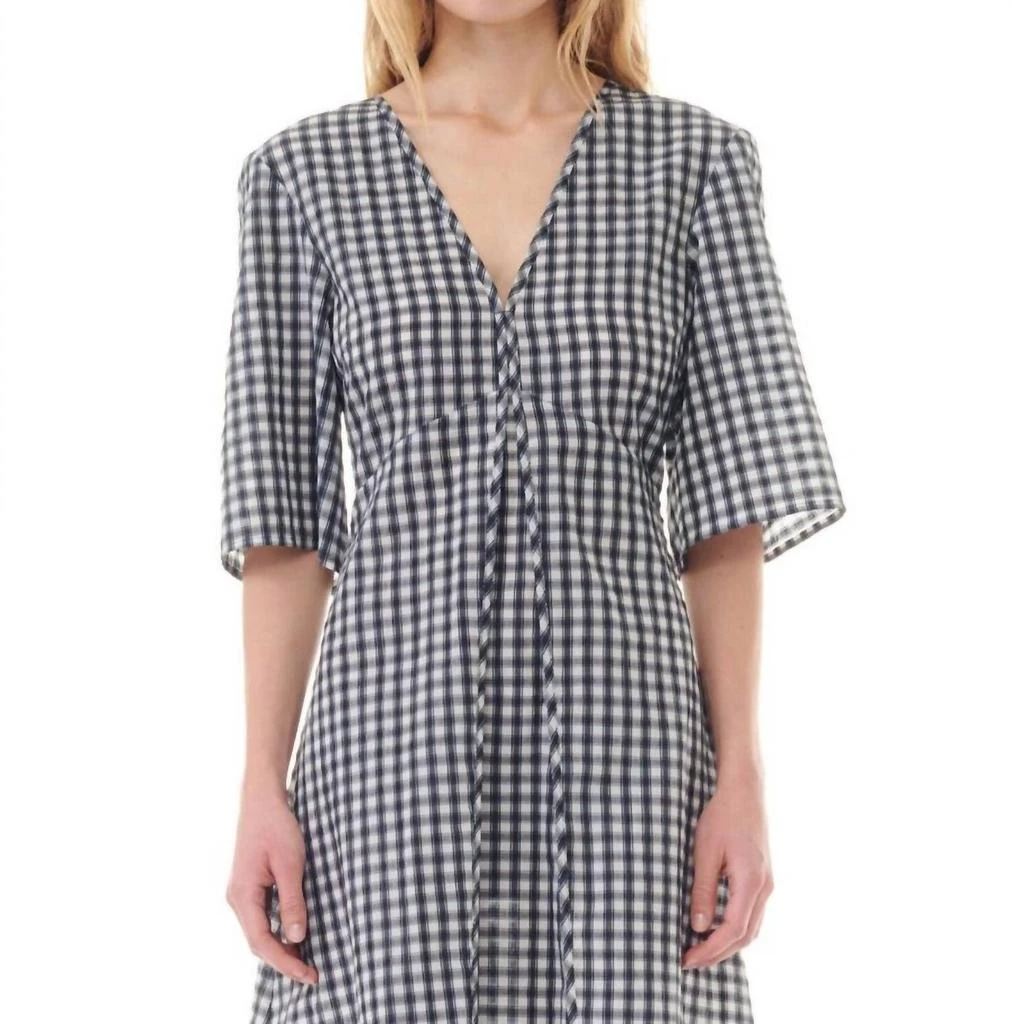 Ganni Seersucker Check V-Neck Long Dress In Egret 4
