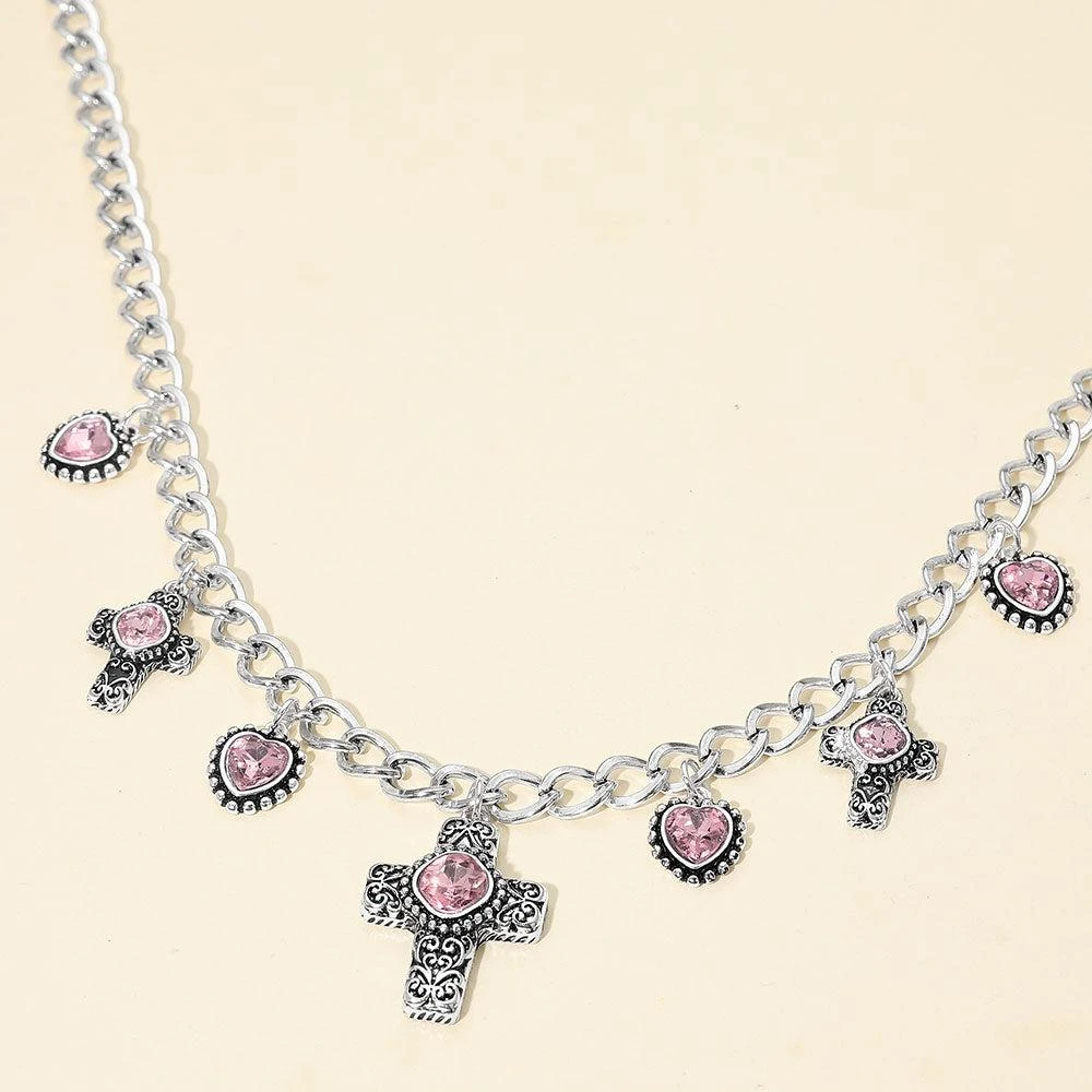 FASHNZFAB Vintage Stone Accent Cross Heart Charm Station Necklace