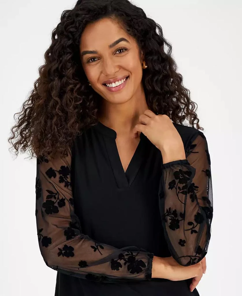 Kasper Petite Floral Contrast-Sleeve Split-Neck Blouse 3