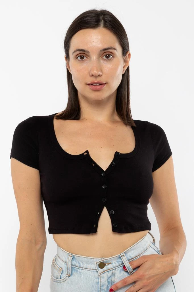 Los Angeles Apparel 43025 - Baby Rib Short Sleeve Button Up Crop Top 1