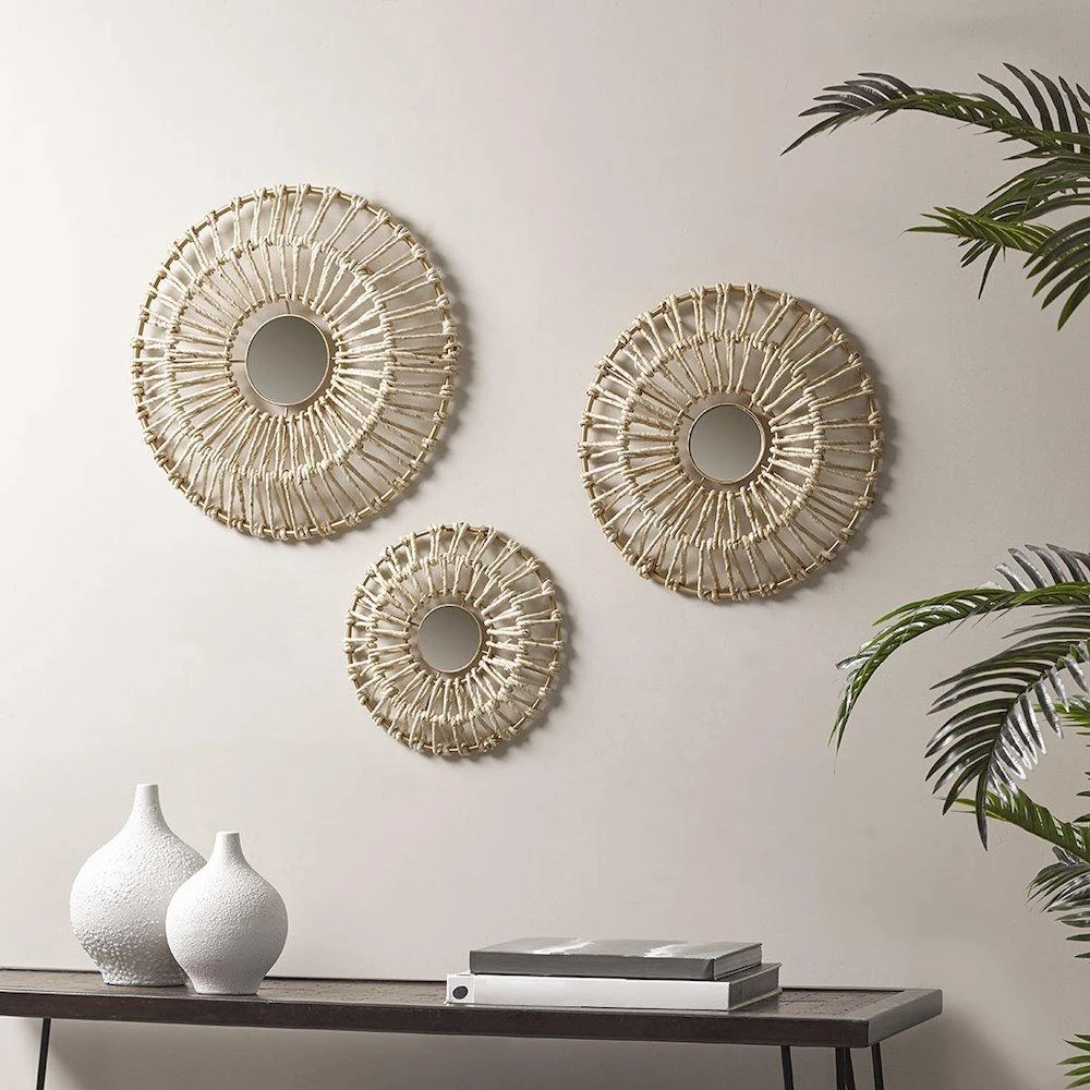 Madison Park Round Natural Fiber and Mirror 3-piece Wall Decor Set 5