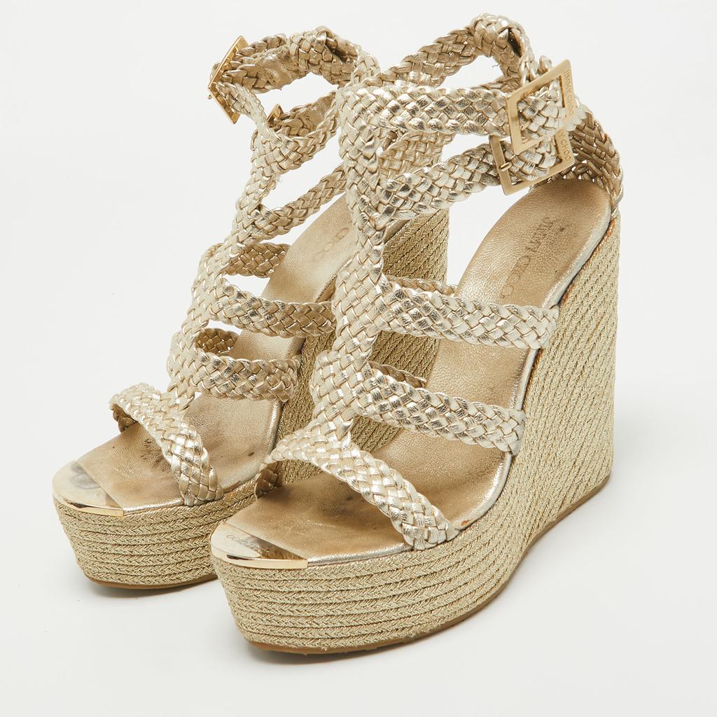 Jimmy Choo Jimmy Choo Gold Braided Leather Wedge Sandals Size 39