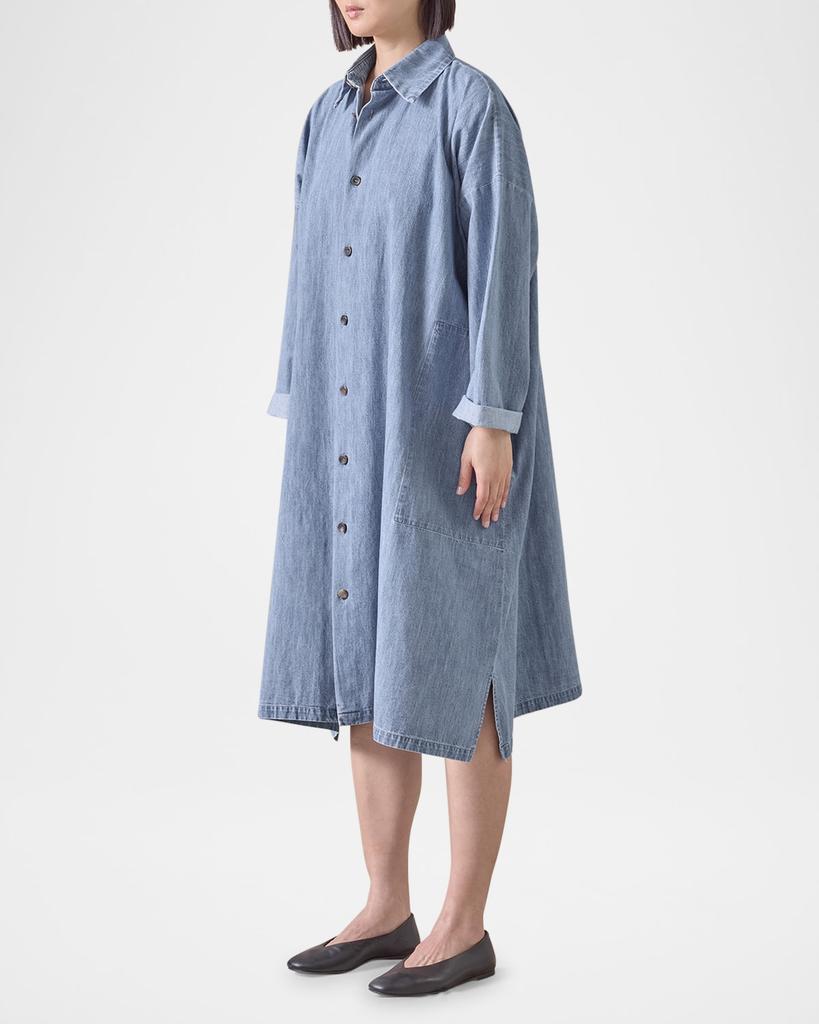 Eskandar Denim Wide A-Line Back-Pleat Shirtdress With Collar