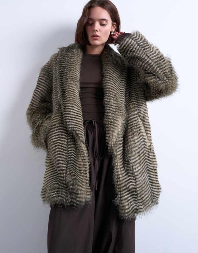 Topshop Topshop faux mono stripe shawl mid length coat in black