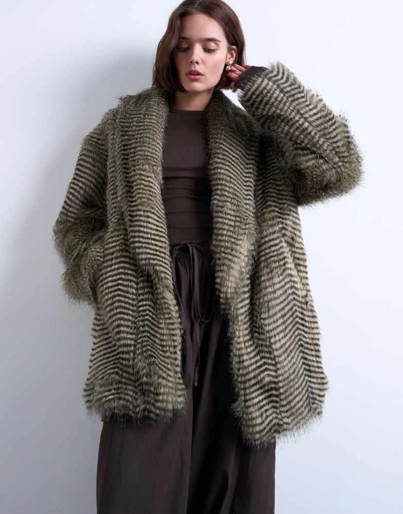 Topshop Topshop faux mono stripe shawl mid length coat in black 1