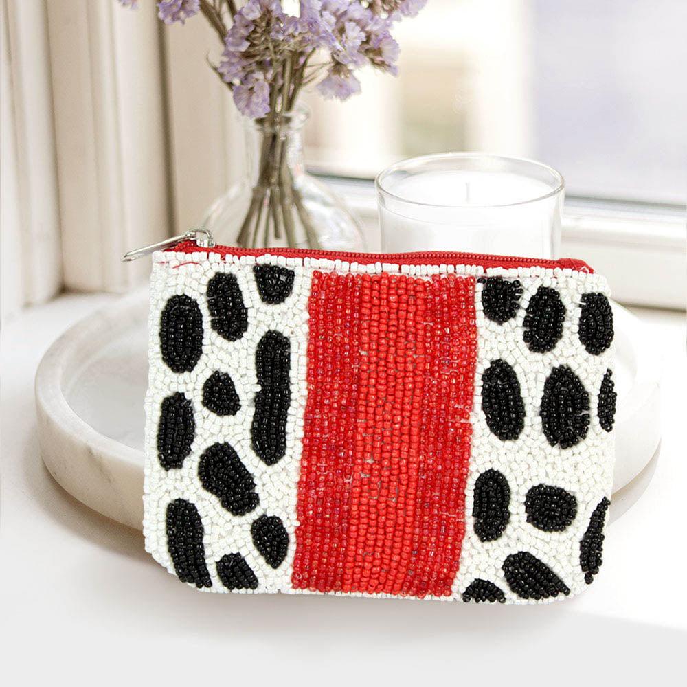 FASHNZFAB Cow Patterned Seed Beaded Mini Pouch Bag