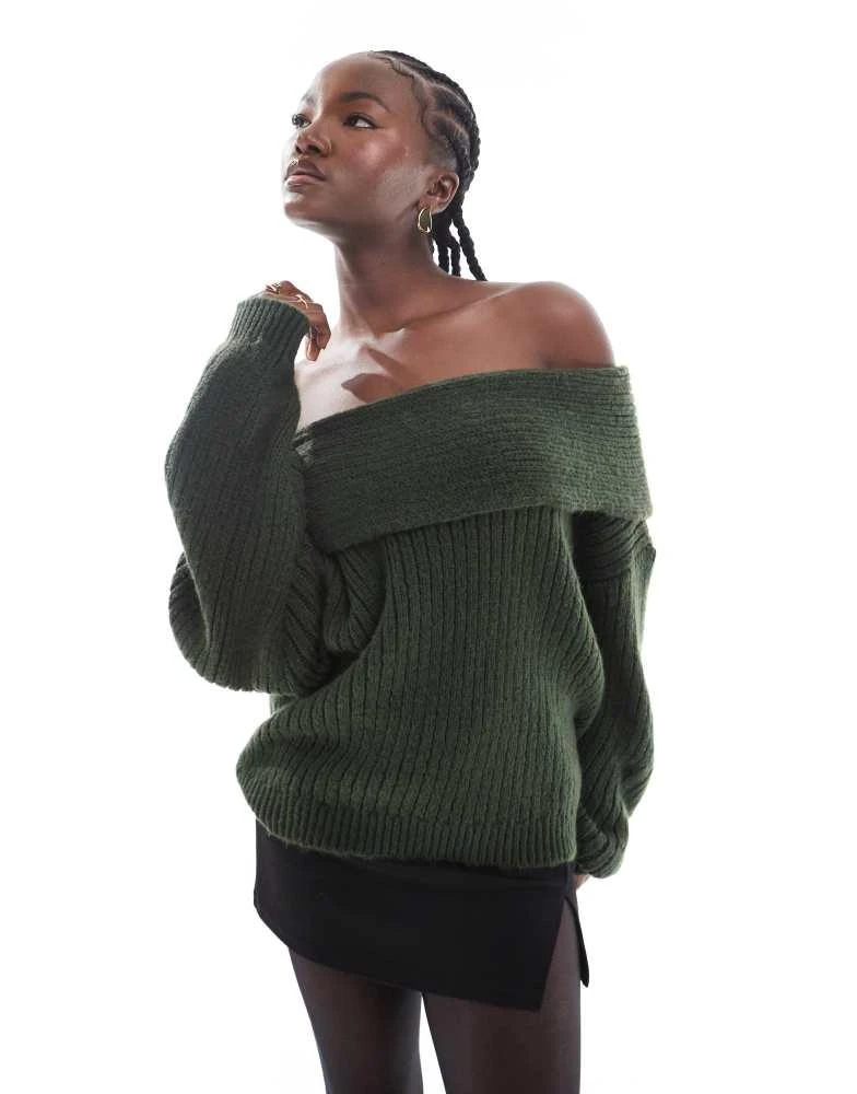 ASOS ASOS DESIGN oversized knitted off shoulder jumper in forest green 1