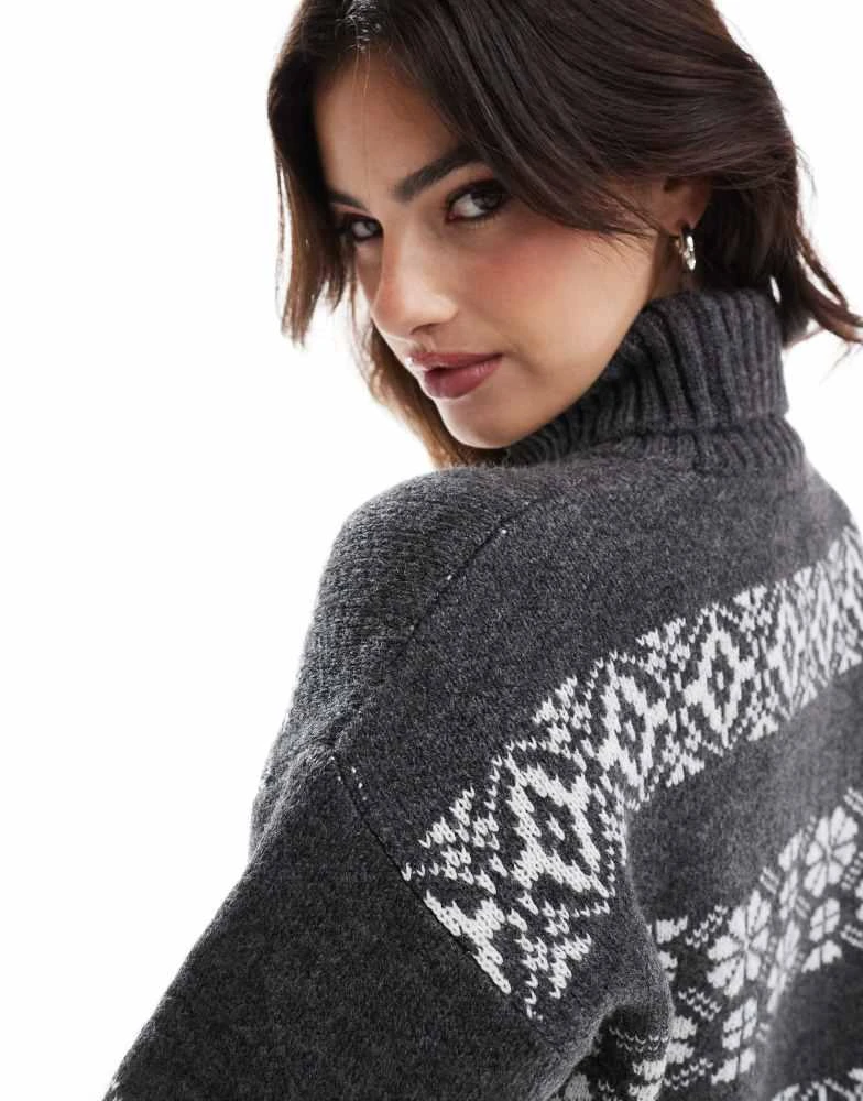 ASOS ASOS DESIGN cropped roll neck jumper with fairisle stripe in grey and white 3