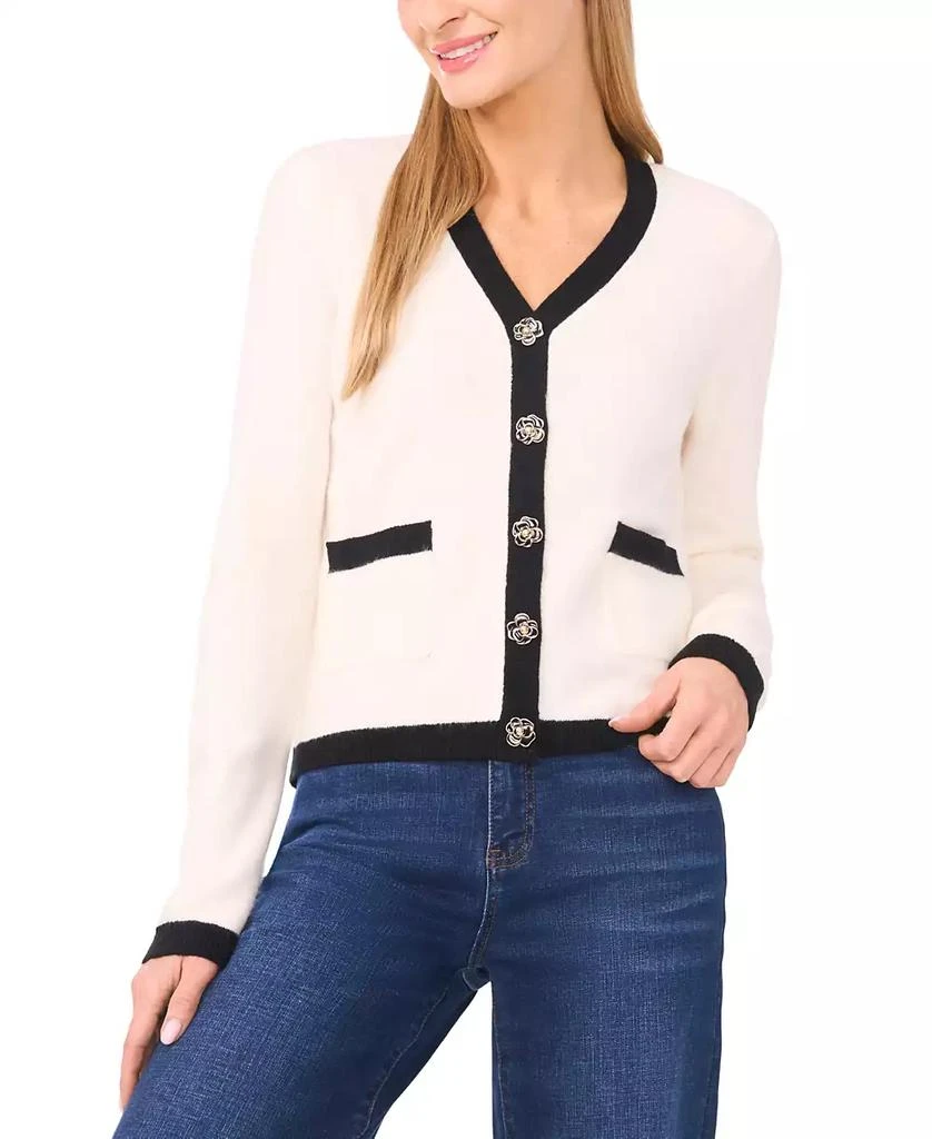 CeCe Women
s Floral Button Long-Sleeve V-Neck Cardigan